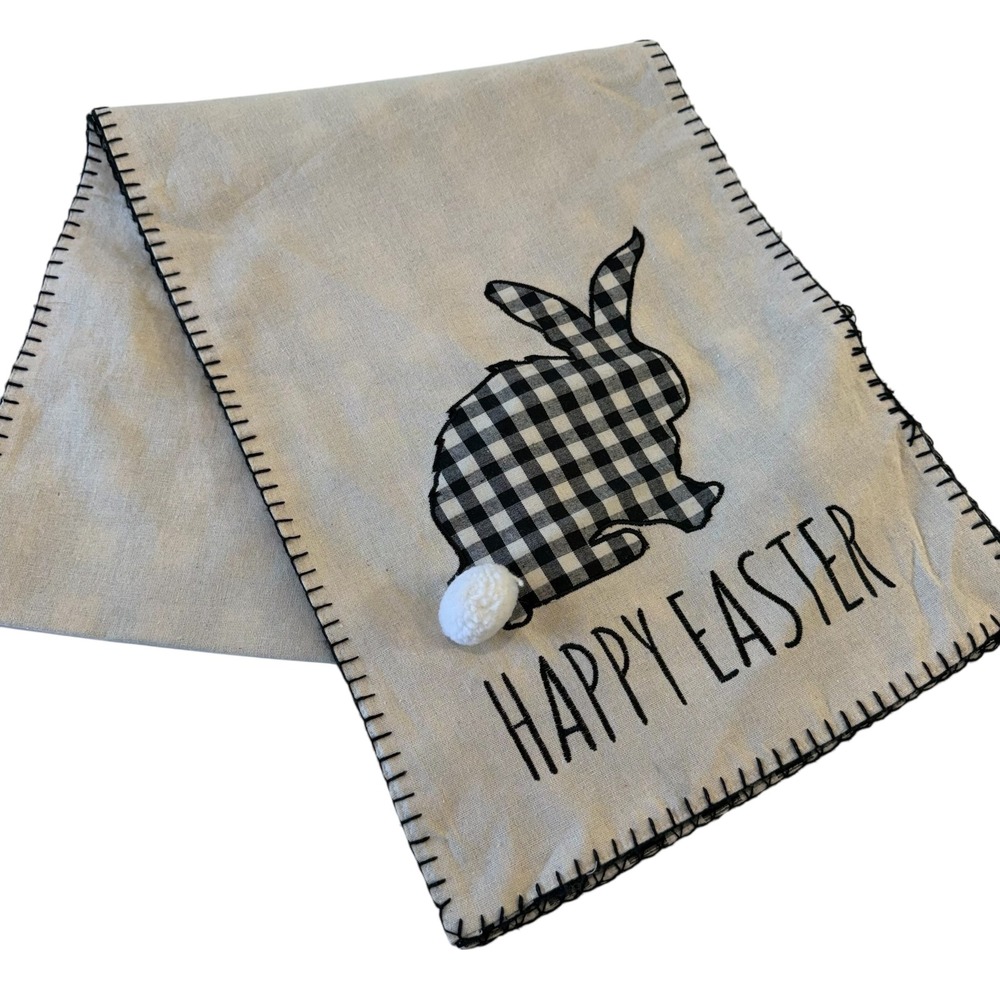 MStyle Easter Bunny Table Runner Buffalo Check Farmhouse Black White Linen Blend